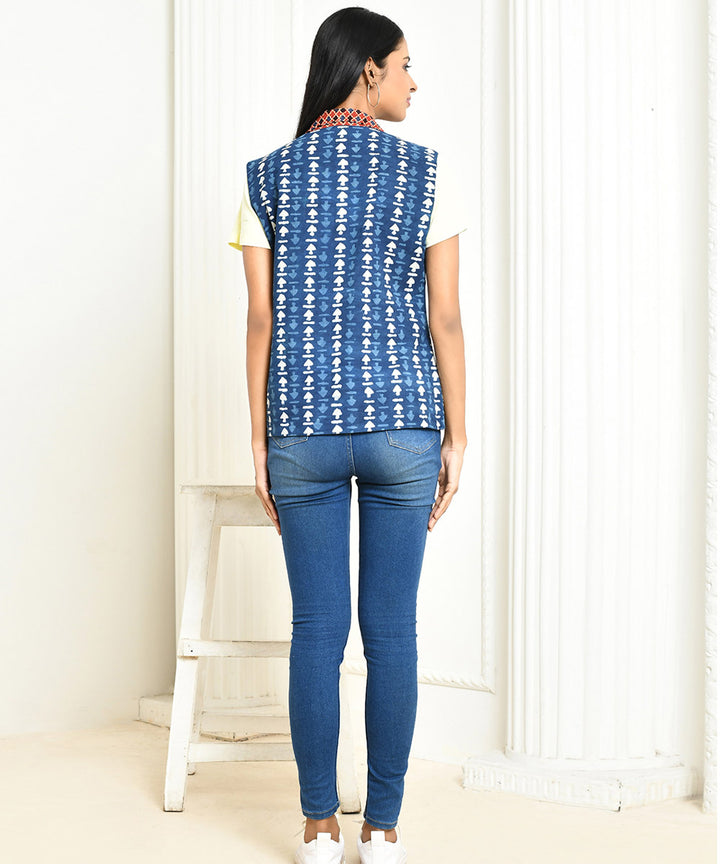 Indigo handwoven cotton ajrakh half jacket