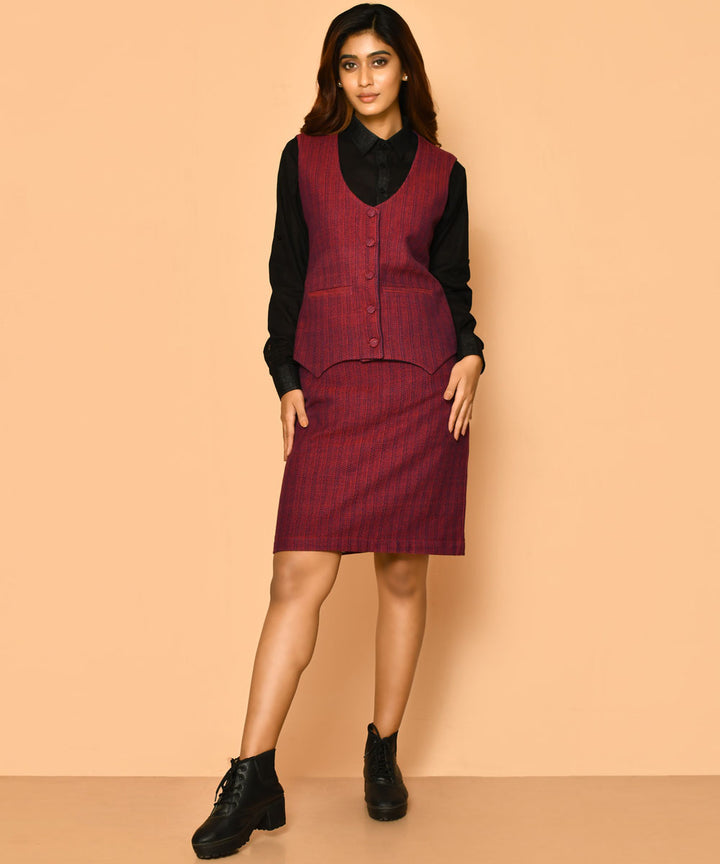Red handwoven cotton v neck waist coat and jacket