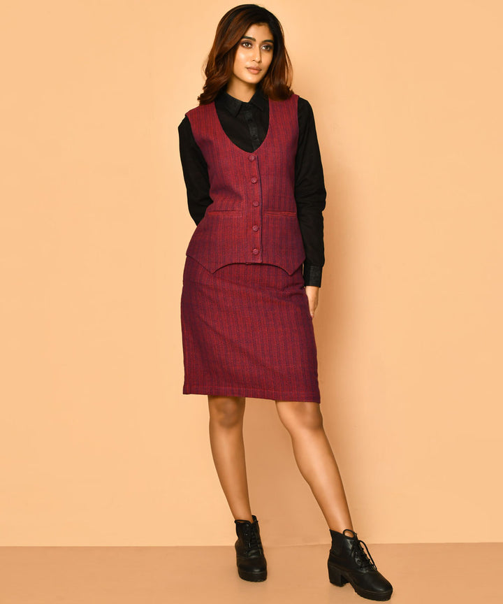 Red handwoven cotton v neck waist coat and jacket