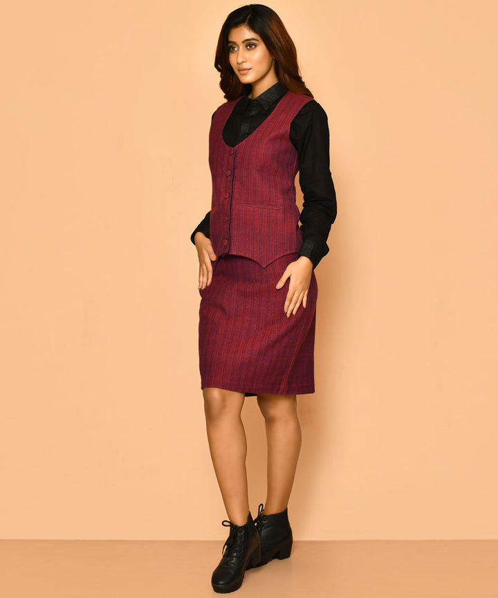 Red handwoven cotton v neck waist coat and jacket