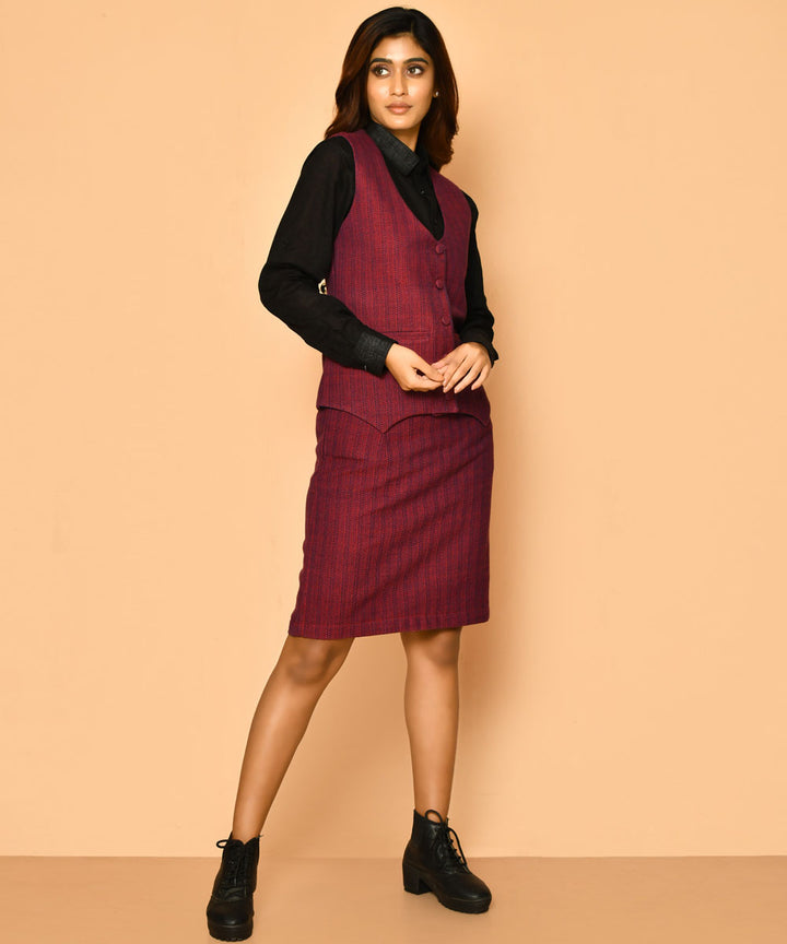 Red handwoven cotton v neck waist coat and jacket