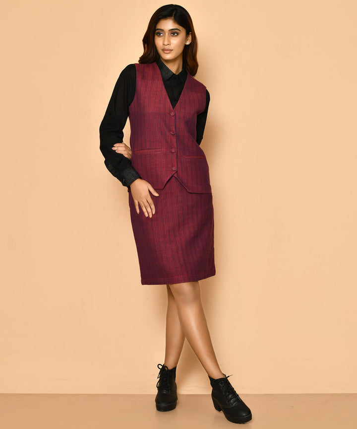 Red handwoven cotton u neck waist coat and jacket