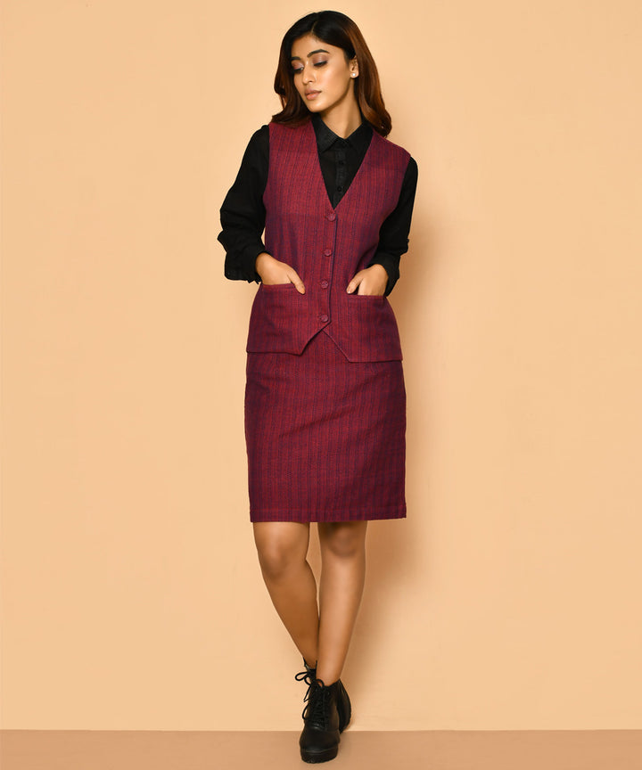 Red handwoven cotton u neck waist coat and jacket