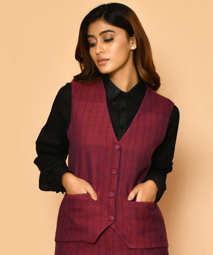 Red handwoven cotton u neck waist coat and jacket