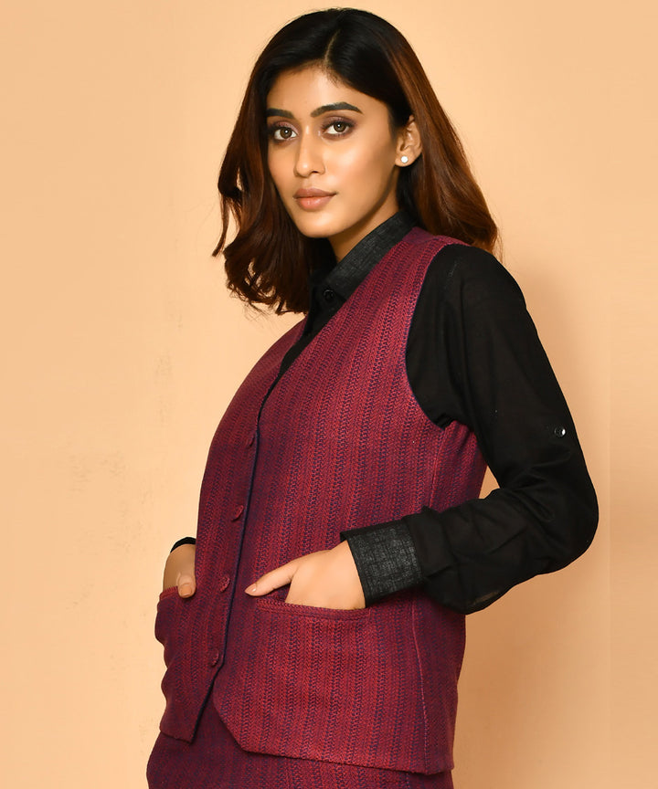 Red handwoven cotton u neck waist coat and jacket