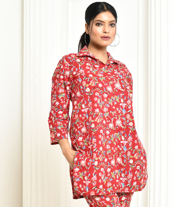 Red floral handblock printed cotton shirt