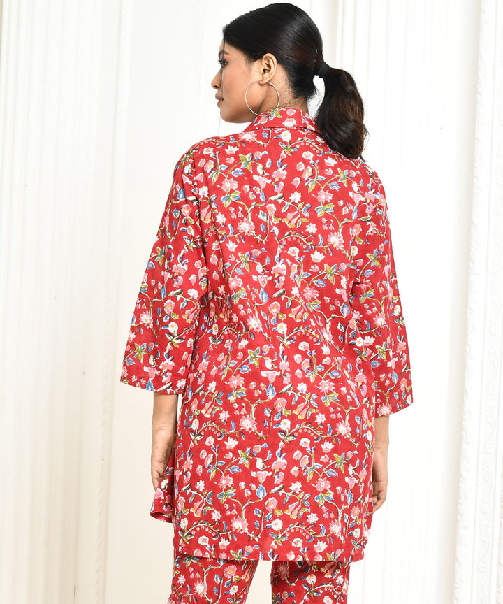 Red floral handblock printed cotton shirt