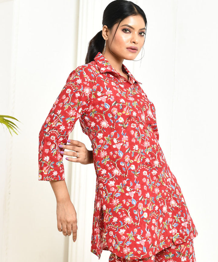 Red floral handblock printed cotton shirt