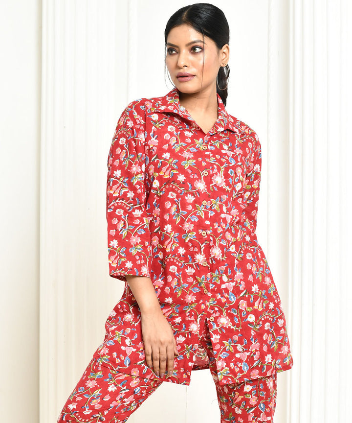 Red floral handblock printed cotton shirt