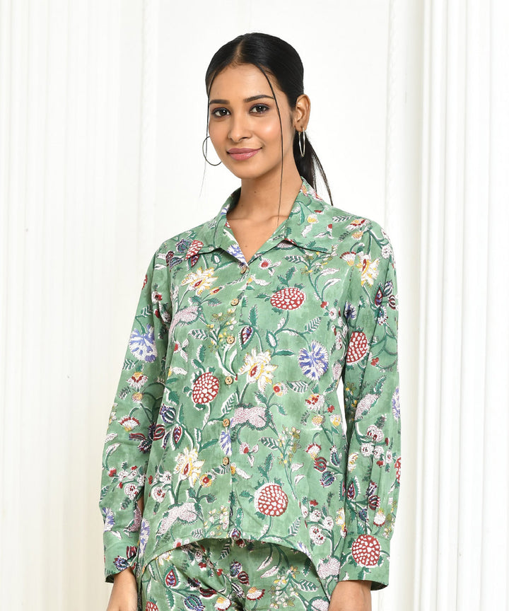 Green floral handblock printed cotton shirt