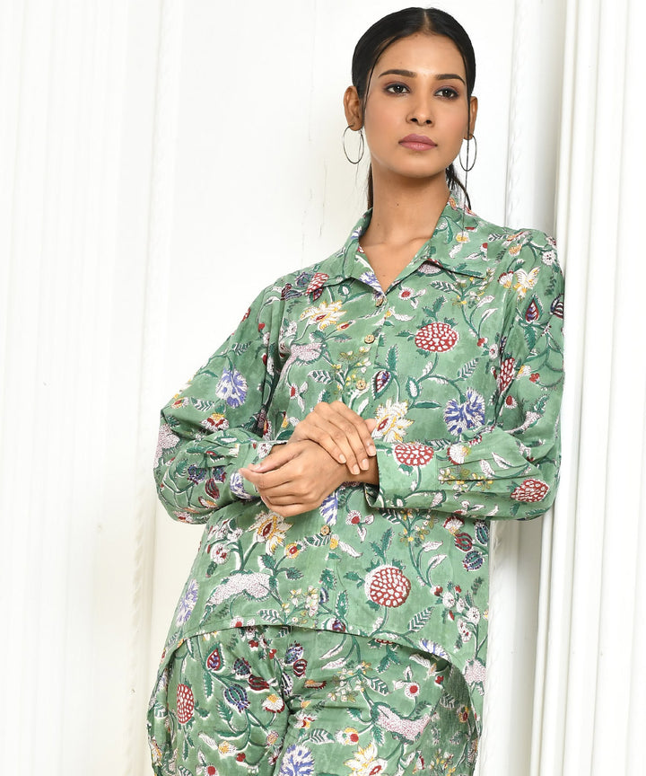 Green floral handblock printed cotton shirt