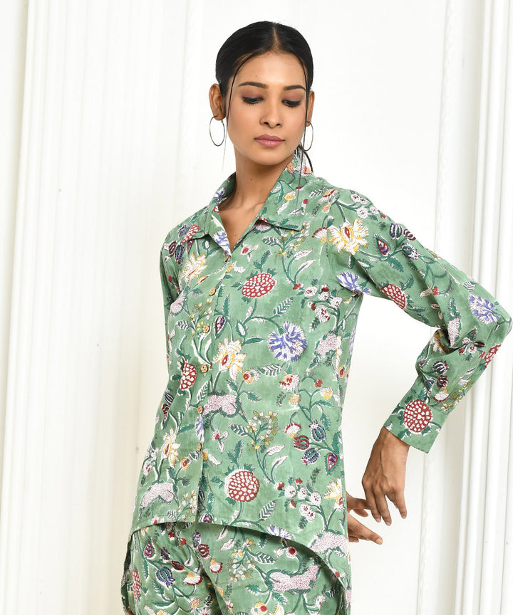Green floral handblock printed cotton shirt