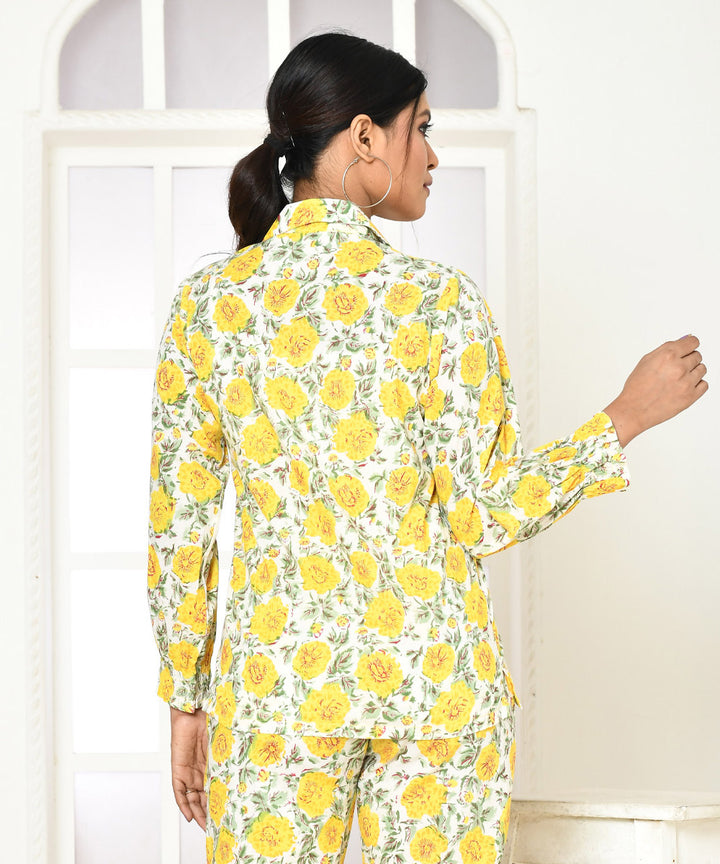 Yellow floral handblock printed cotton shirt