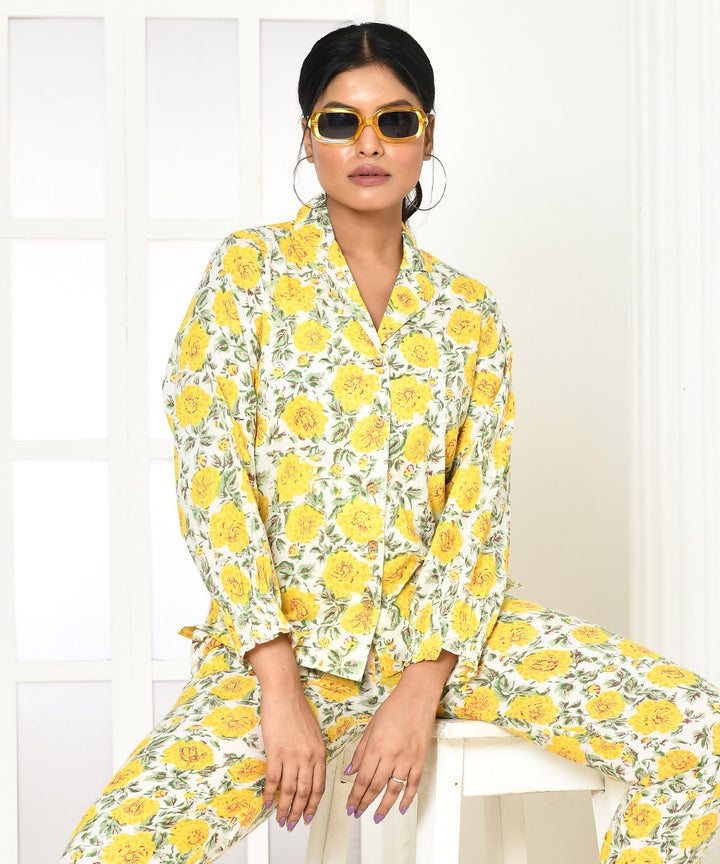 Yellow floral handblock printed cotton shirt