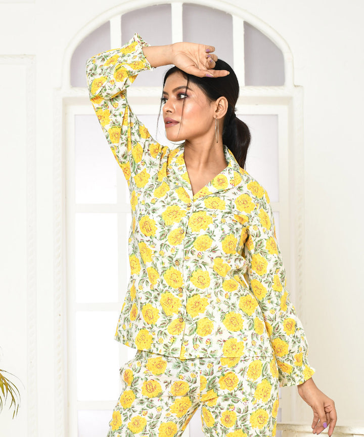 Yellow floral handblock printed cotton shirt