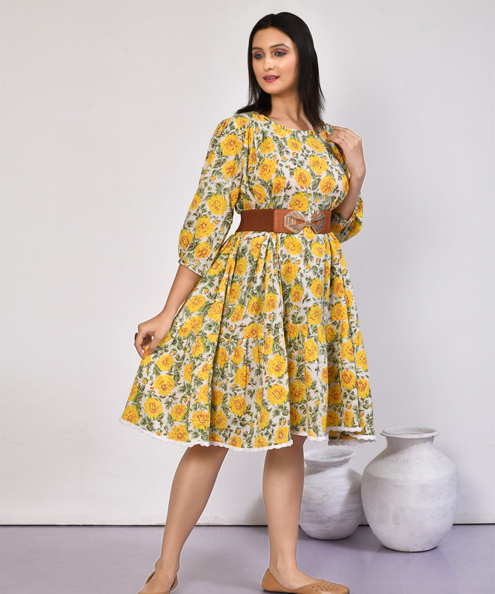 Yellow floral hand block printed cotton dress