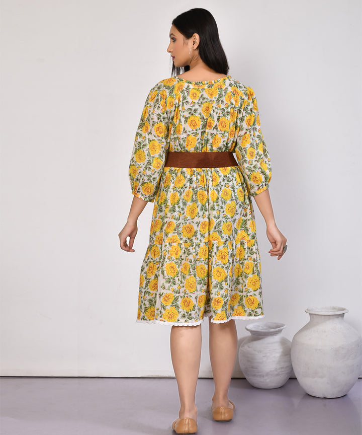 Yellow floral hand block printed cotton dress