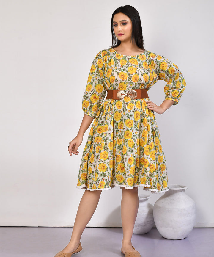Yellow floral hand block printed cotton dress