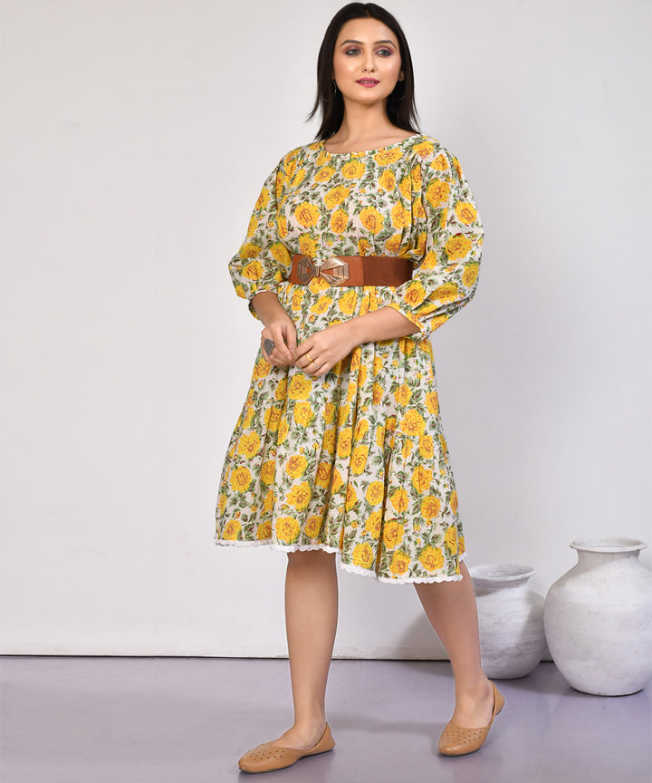 Yellow floral hand block printed cotton dress