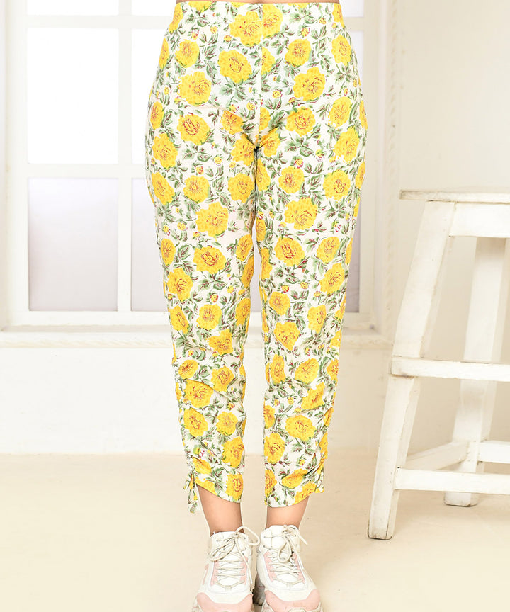 Yellow floral handblock printed cotton pant