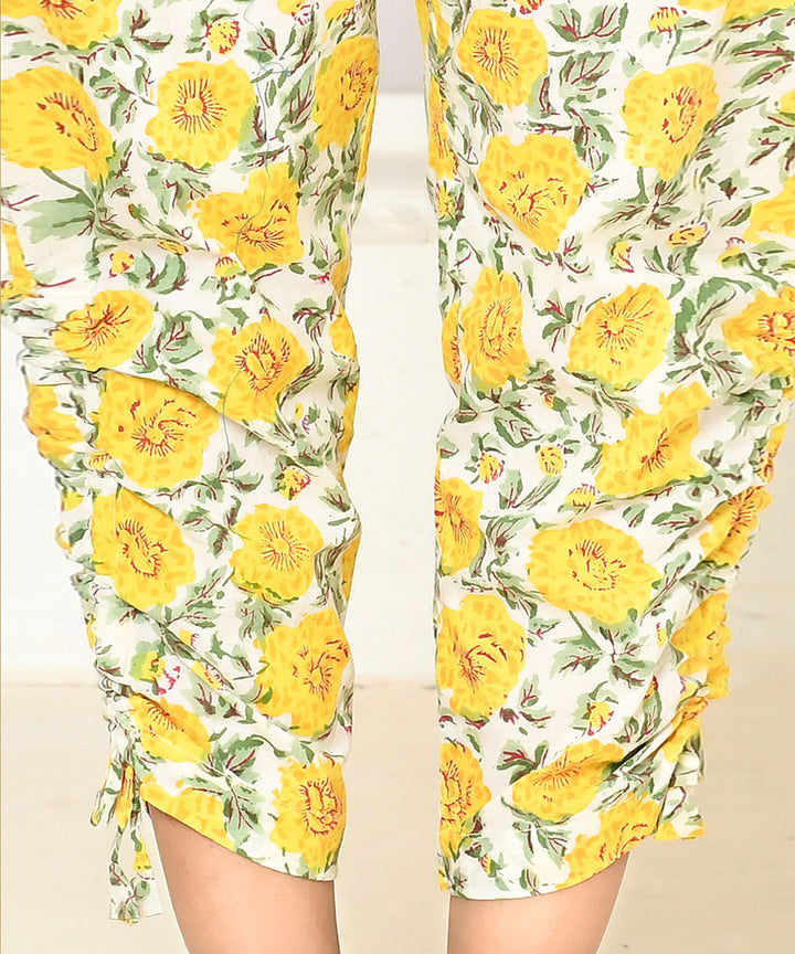 Yellow floral handblock printed cotton pant