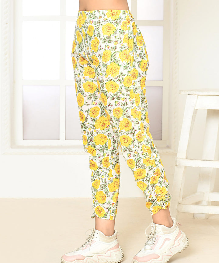 Yellow floral handblock printed cotton pant