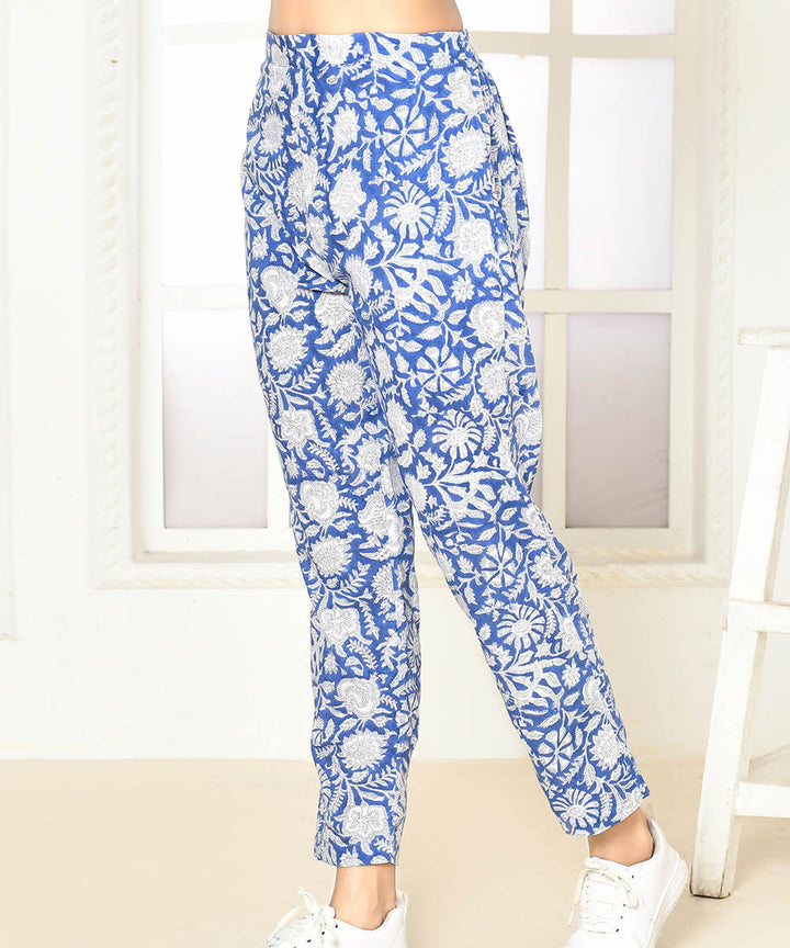 Blue floral handblock printed cotton pant