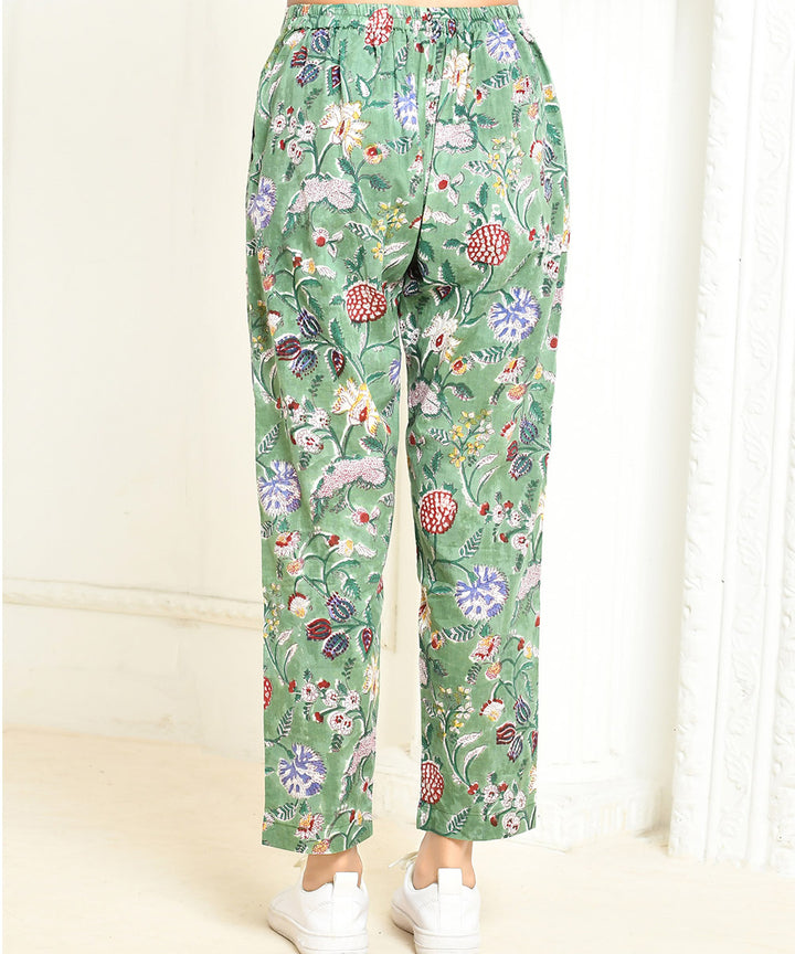 Green floral handblock printed cotton pant
