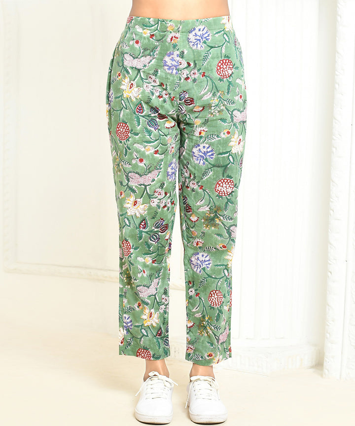 Green floral handblock printed cotton pant