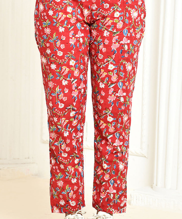 Red floral handblock printed cotton pant