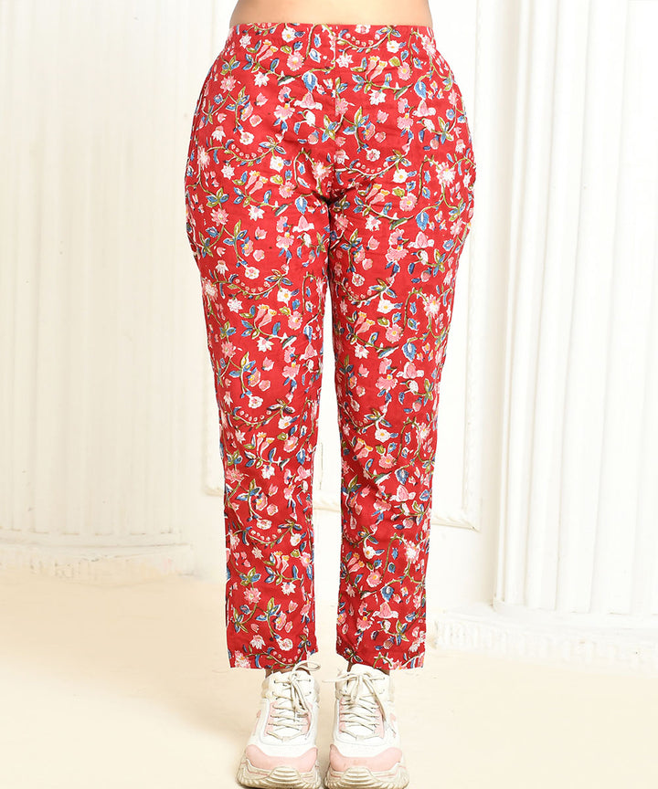 Red floral handblock printed cotton pant