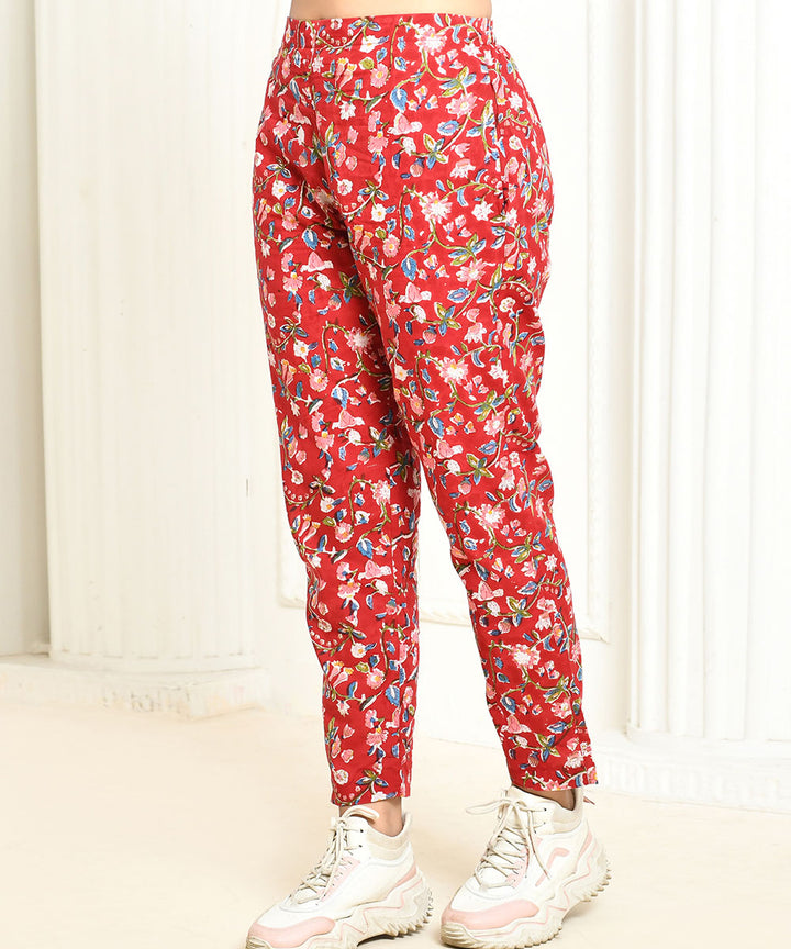 Red floral handblock printed cotton pant