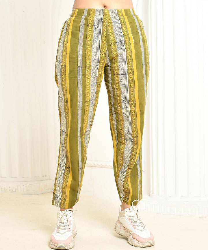 Green stripes handblock printed cotton pant