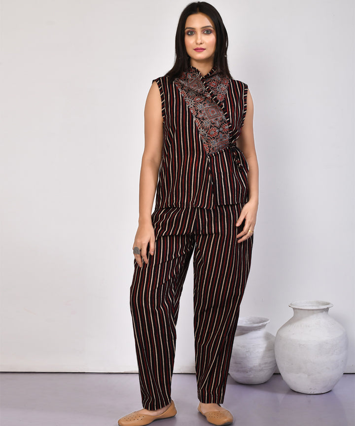 Black stripes floral handblock printed cotton pant