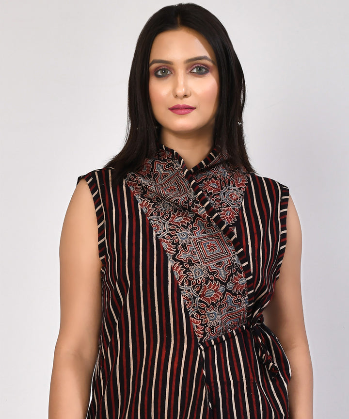 Black stripes floral handblock printed cotton pant