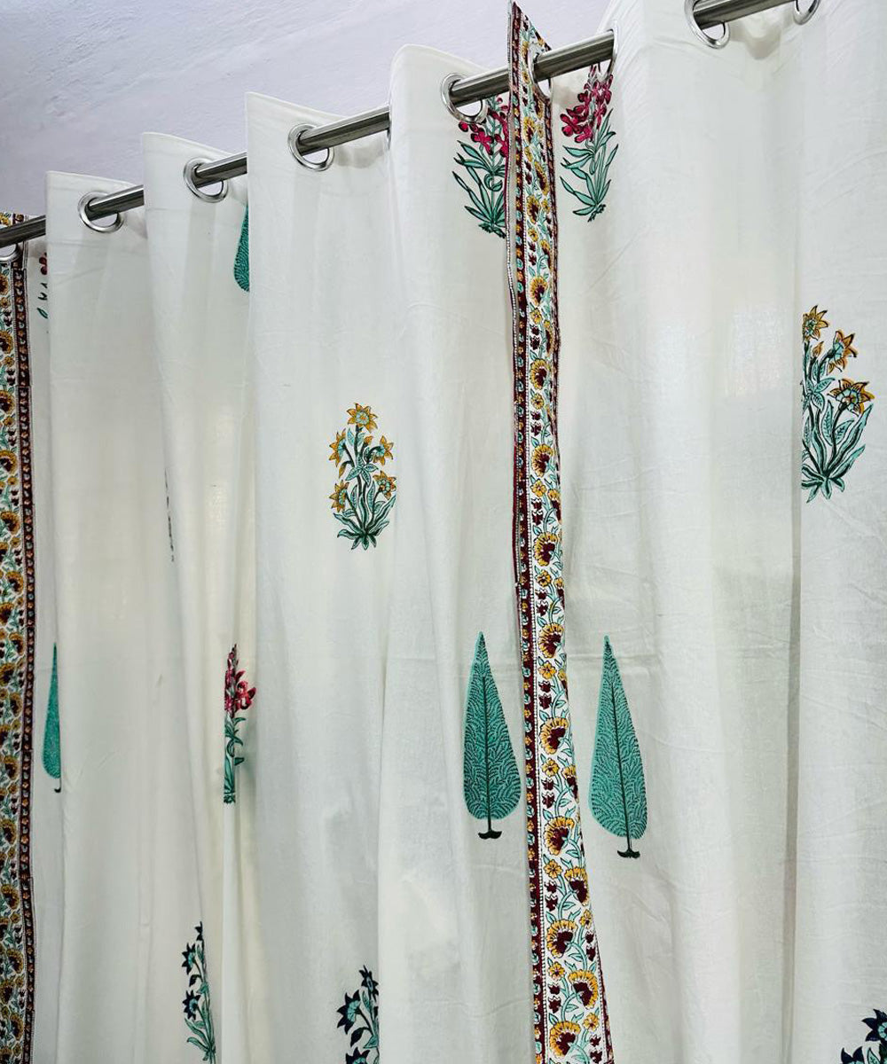 Light green hand sanganeri printed cotton door curtain set of 2