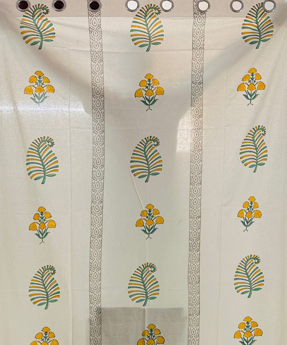 Yellow hand sanganeri printed door cotton curtain set of 2