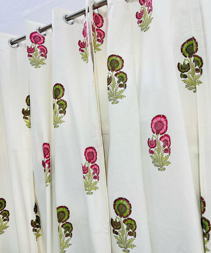 Pink hand sanganeri printed cotton door curtain set of 2