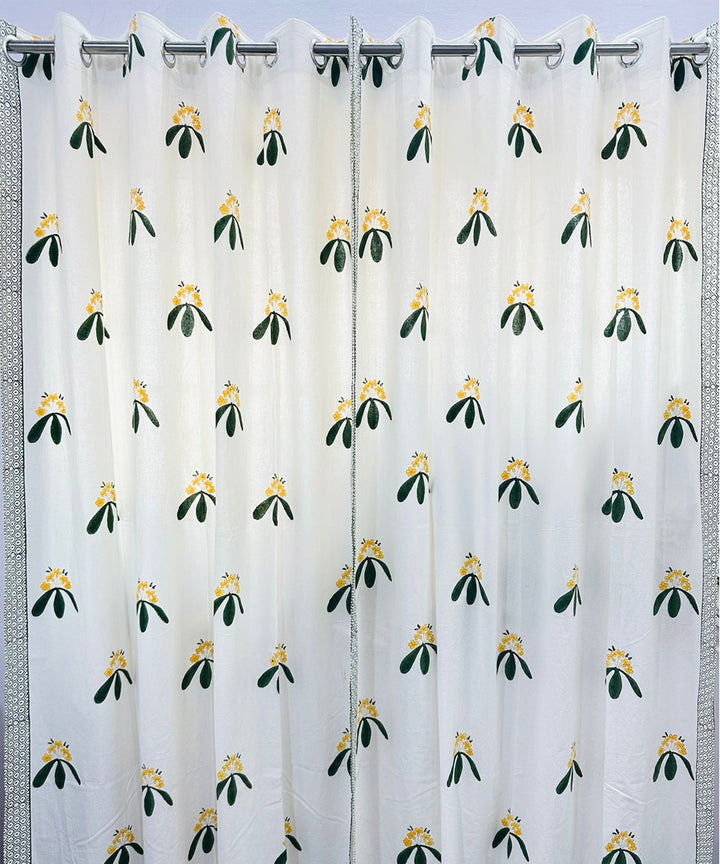 Yellow hand printed sanganeri door cotton curtain set of 2