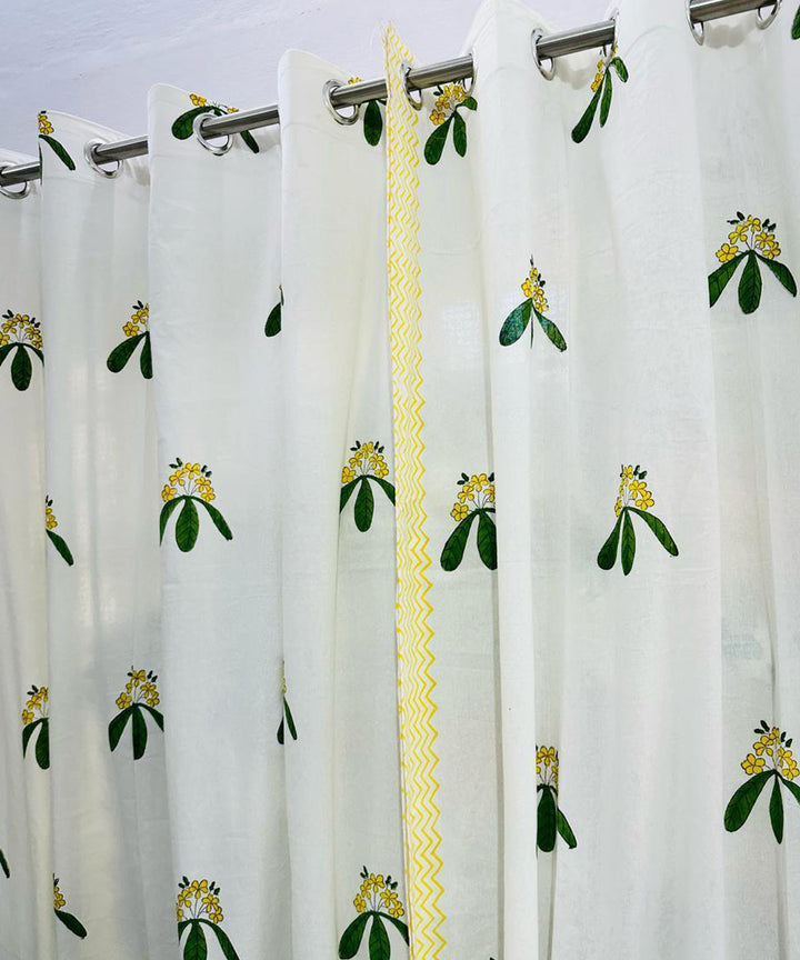 Yellow hand printed sanganeri door cotton curtain set of 2