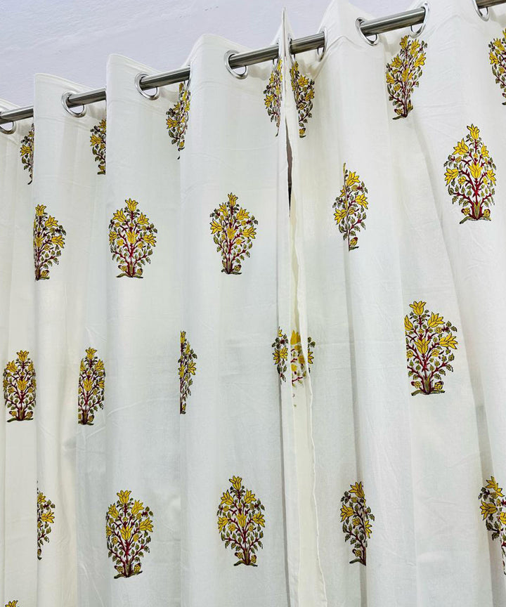 Yellow hand sanganeri printed cotton door curtain set of 2