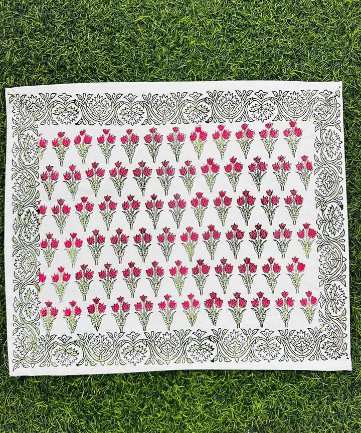 Grey red hand block printed cotton table mat with runner