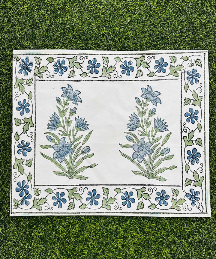 Sky blue white hand block printed cotton table mat with runner