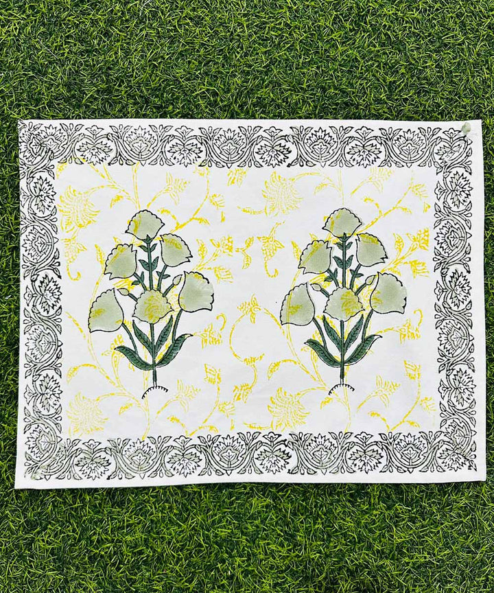 Yellow grey hand block printed cotton table mat with runner