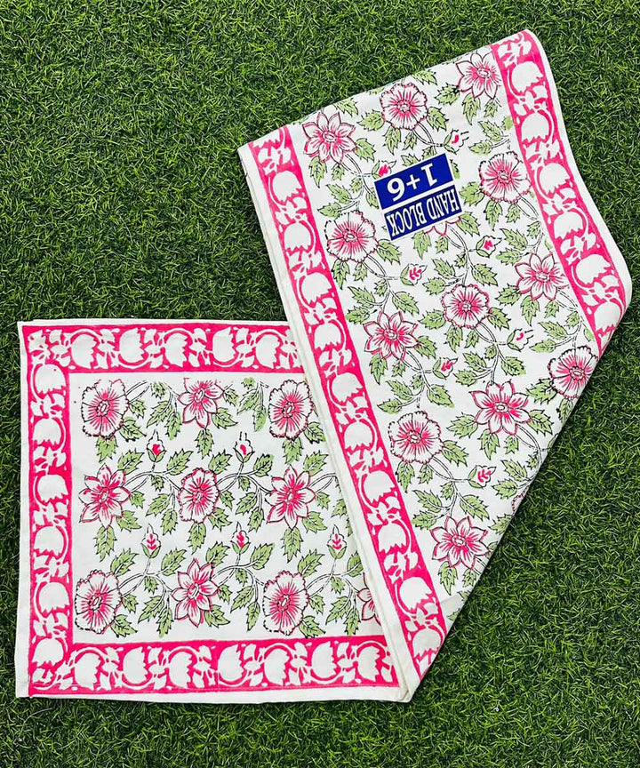 Pink green yellow cotton hand block printed table mats with runner