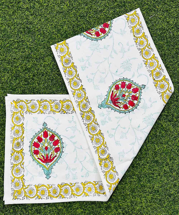 Pink green cotton hand block printed table mats with runner