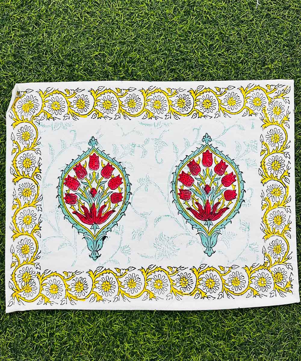 Pink green cotton hand block printed table mats with runner