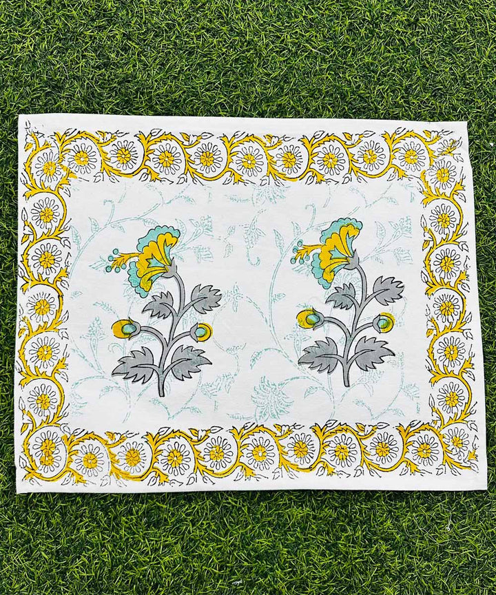 Yellow grey cotton hand block printed table mats with runner