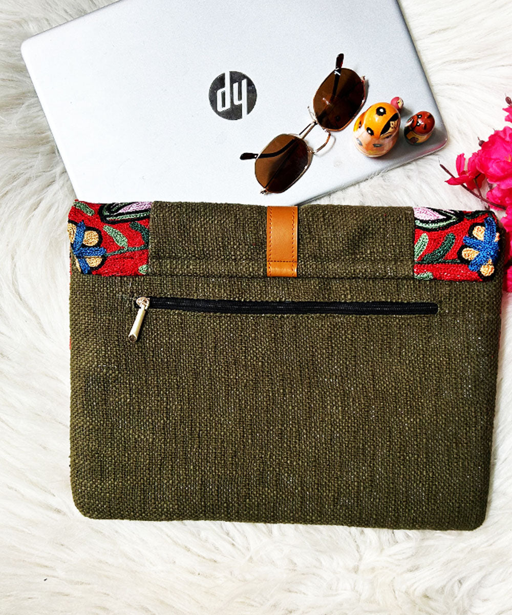 Teal green hand embroidered kashmiri canvas laptop sleeves bag
