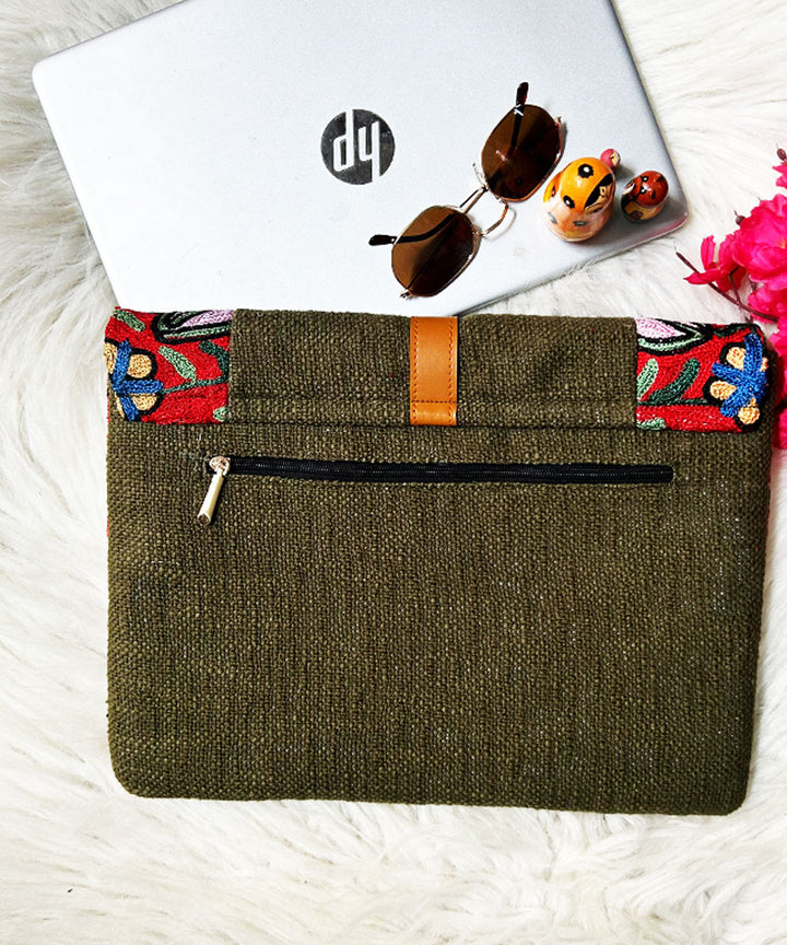 Teal green hand embroidered kashmiri canvas laptop sleeves bag